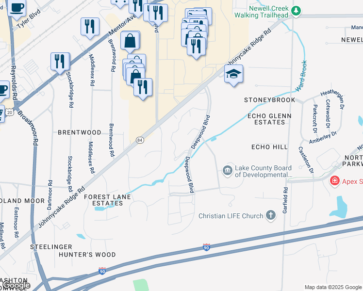 map of restaurants, bars, coffee shops, grocery stores, and more near 8100 Deepwood Boulevard in Mentor