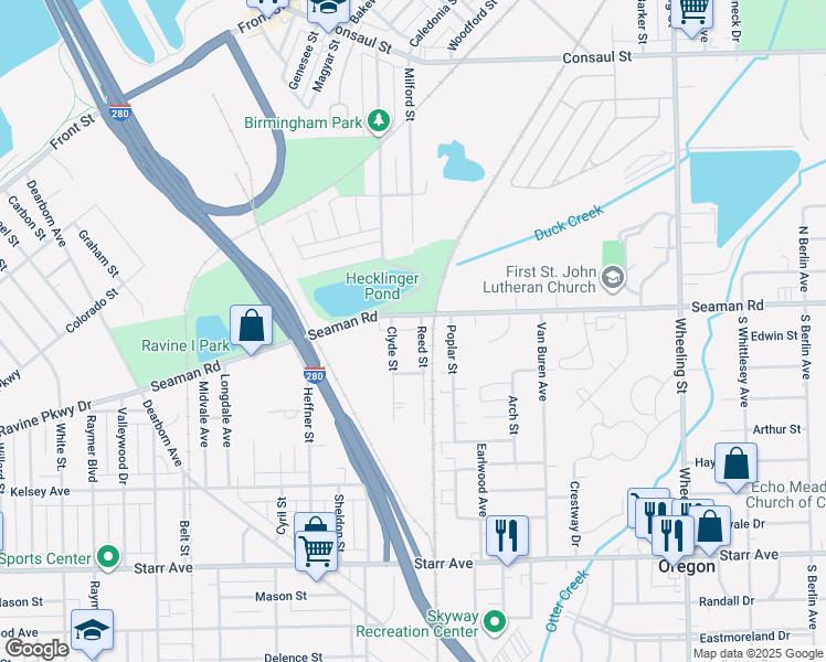 map of restaurants, bars, coffee shops, grocery stores, and more near 18 Reed Street in Toledo
