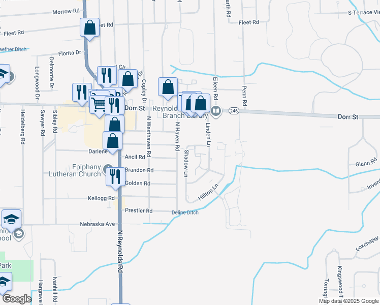 map of restaurants, bars, coffee shops, grocery stores, and more near 1168 Shadow Lane in Toledo