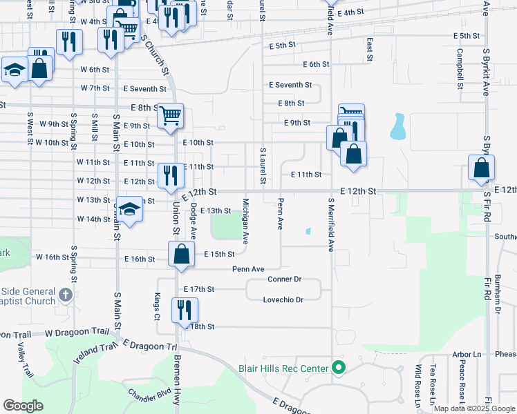 map of restaurants, bars, coffee shops, grocery stores, and more near 701 Kensard Court in Mishawaka