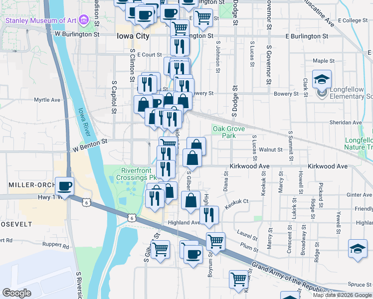 map of restaurants, bars, coffee shops, grocery stores, and more near 917 South Gilbert Court in Iowa City