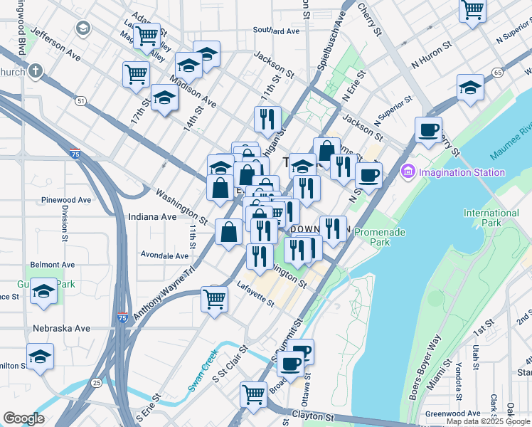 map of restaurants, bars, coffee shops, grocery stores, and more near 706 Monroe Street in Toledo