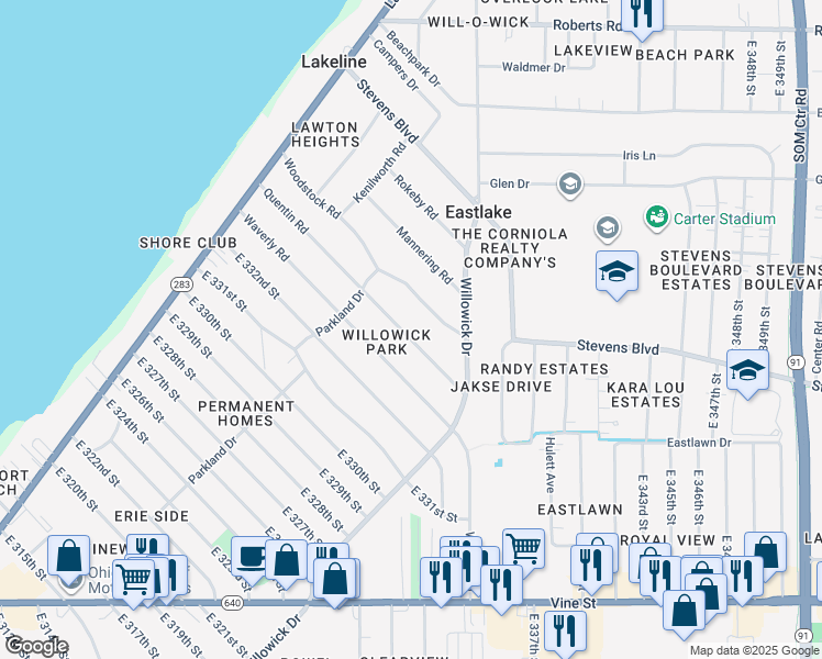 map of restaurants, bars, coffee shops, grocery stores, and more near 957 Quentin Road in Eastlake
