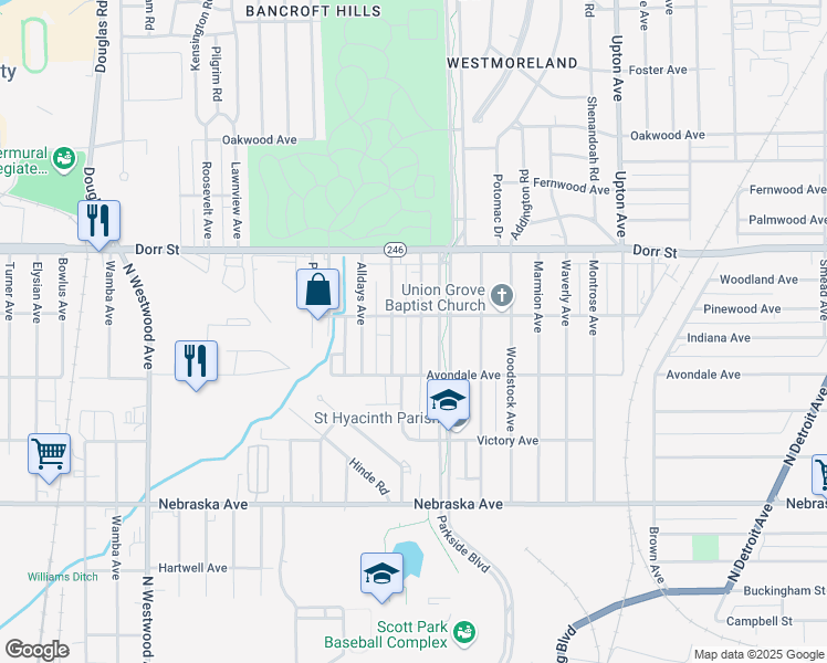 map of restaurants, bars, coffee shops, grocery stores, and more near 1009 Shirley Avenue in Toledo