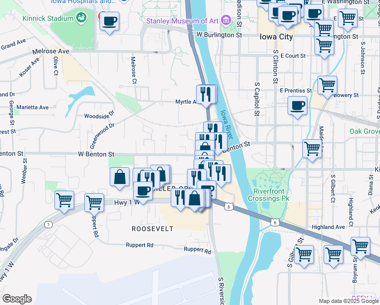map of restaurants, bars, coffee shops, grocery stores, and more near 206 West Benton Street in Iowa City