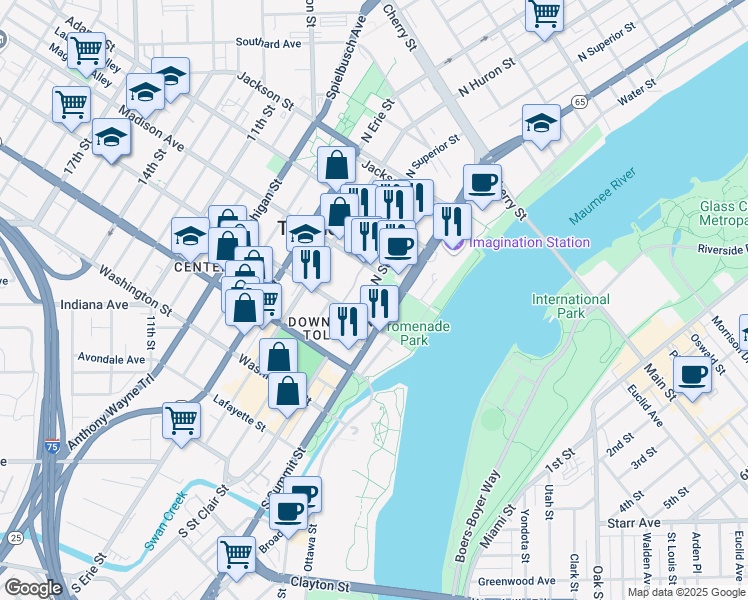map of restaurants, bars, coffee shops, grocery stores, and more near 200 North Saint Clair Street in Toledo