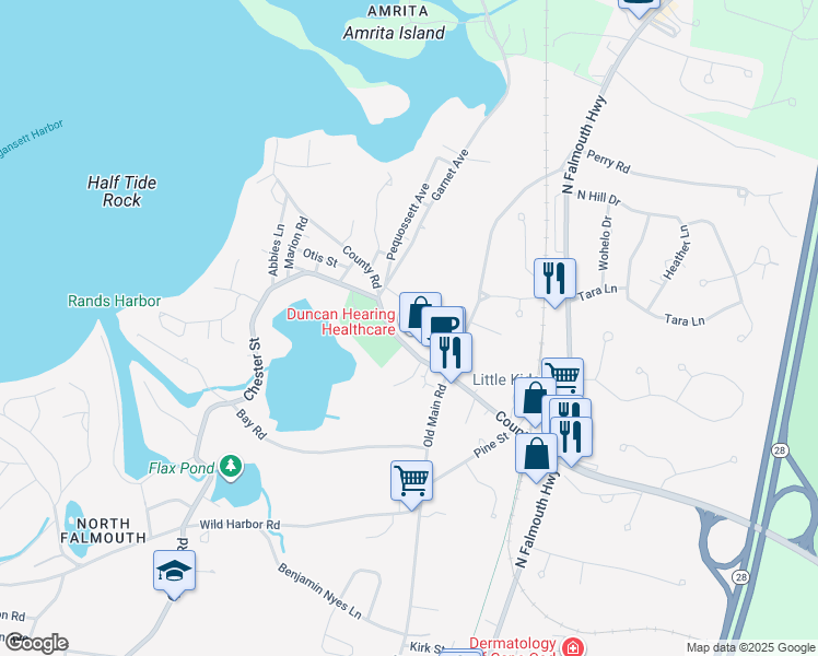 map of restaurants, bars, coffee shops, grocery stores, and more near 107 County Road in Falmouth