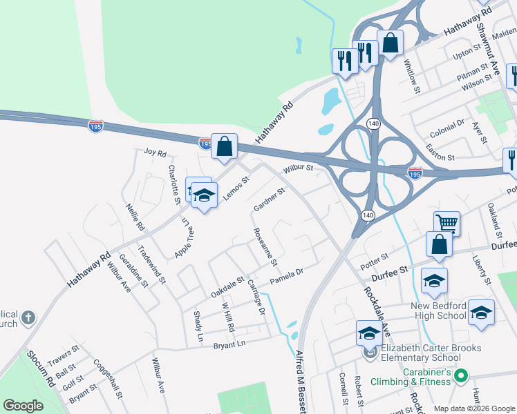 map of restaurants, bars, coffee shops, grocery stores, and more near 318 Gardner Street in New Bedford