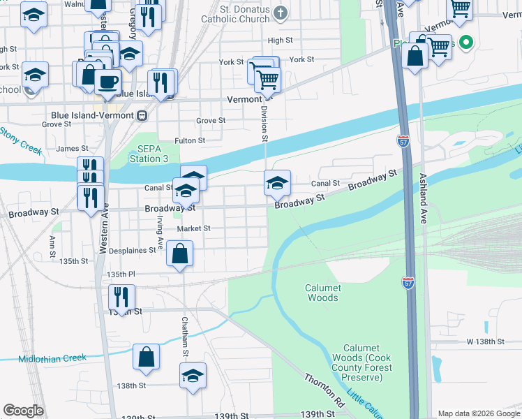 map of restaurants, bars, coffee shops, grocery stores, and more near 2009 Broadway Street in Blue Island