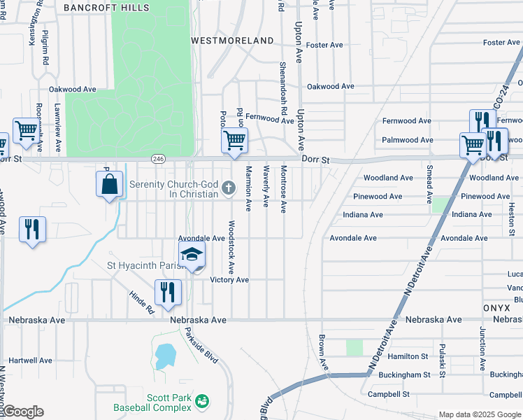 map of restaurants, bars, coffee shops, grocery stores, and more near 1005 Waverly Avenue in Toledo