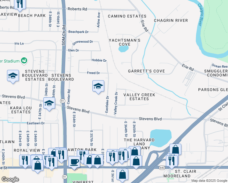 map of restaurants, bars, coffee shops, grocery stores, and more near 1024 Valley Creek Drive in Eastlake