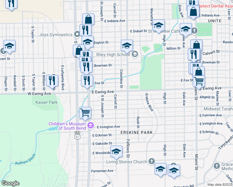 map of restaurants, bars, coffee shops, grocery stores, and more near 302 East Ewing Avenue in South Bend