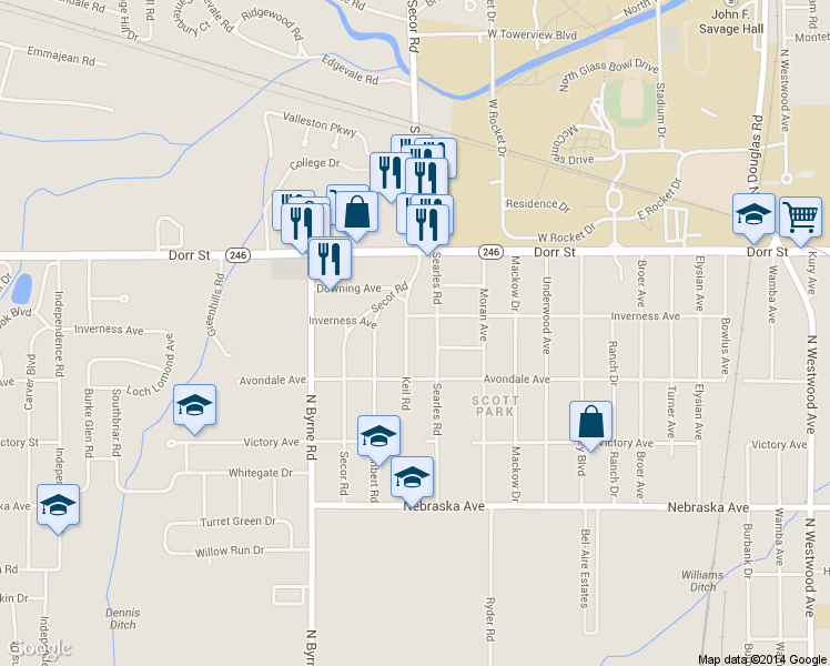 map of restaurants, bars, coffee shops, grocery stores, and more near 1010 Keil Road in Toledo