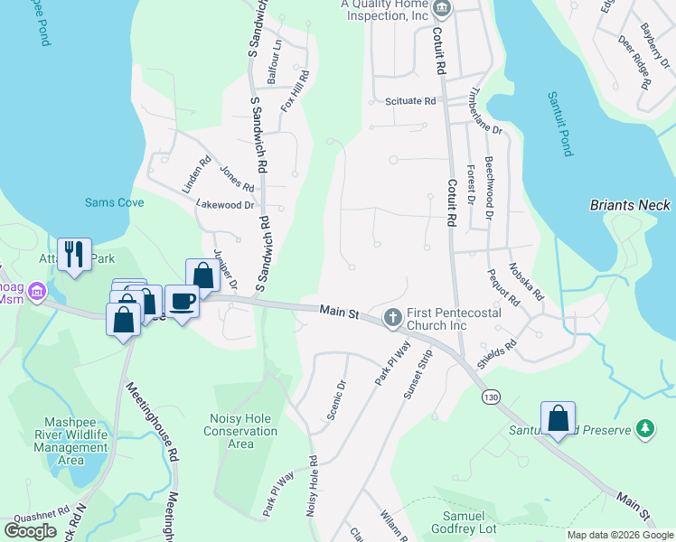 map of restaurants, bars, coffee shops, grocery stores, and more near 32 Sheffield Place in Mashpee
