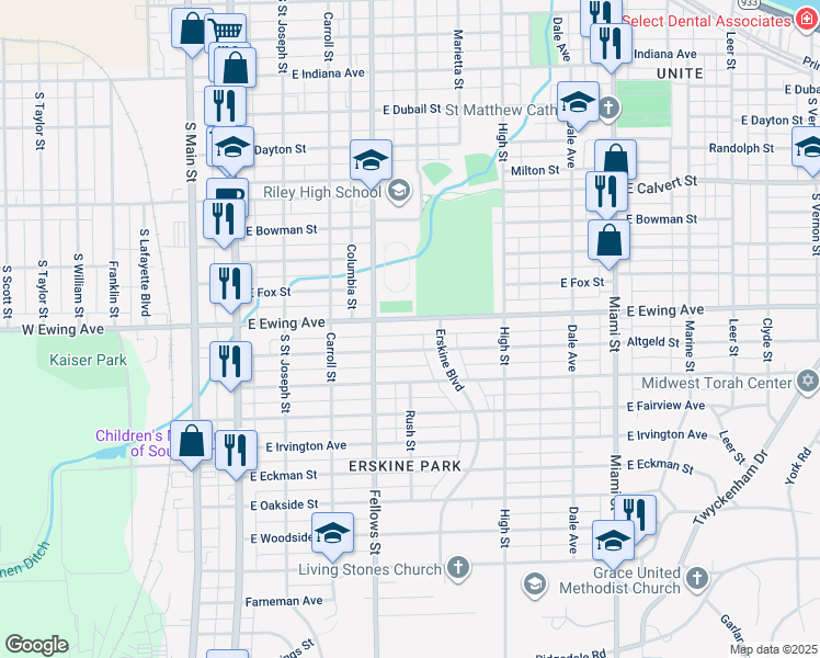 map of restaurants, bars, coffee shops, grocery stores, and more near 588-636 East Ewing Avenue in South Bend