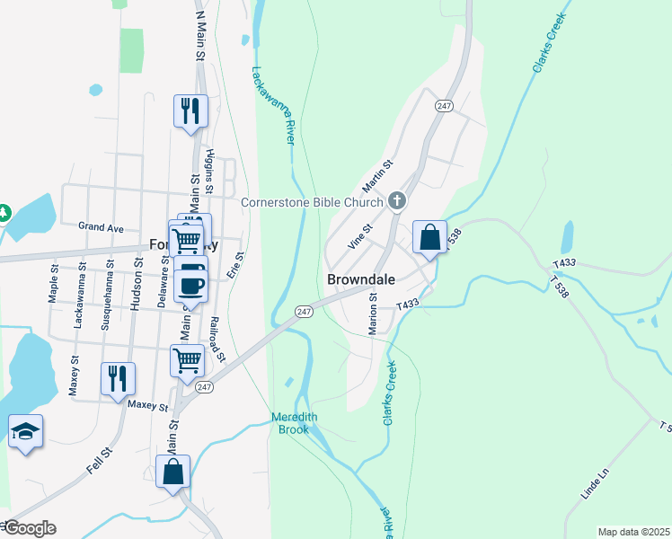 map of restaurants, bars, coffee shops, grocery stores, and more near 104 Vine Street in Forest City