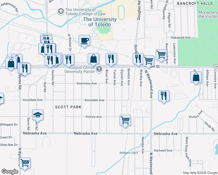 map of restaurants, bars, coffee shops, grocery stores, and more near 1016 Broer Ave in Toledo