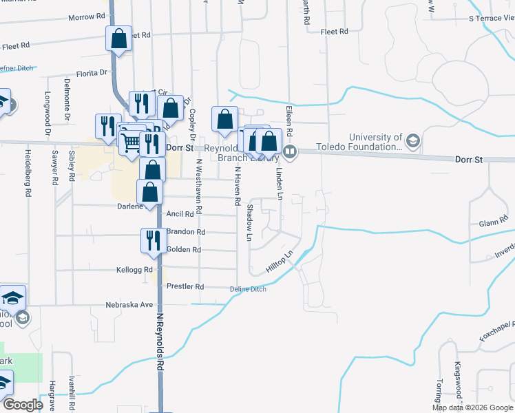 map of restaurants, bars, coffee shops, grocery stores, and more near 1140 Shadow Lane in Toledo