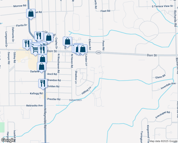 map of restaurants, bars, coffee shops, grocery stores, and more near 1116 Linden Ln in Toledo