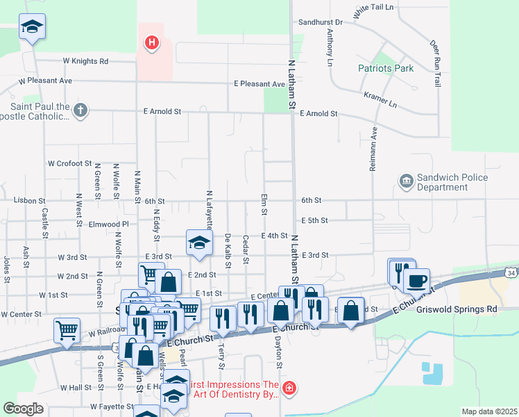 map of restaurants, bars, coffee shops, grocery stores, and more near 517 Elm St in Sandwich