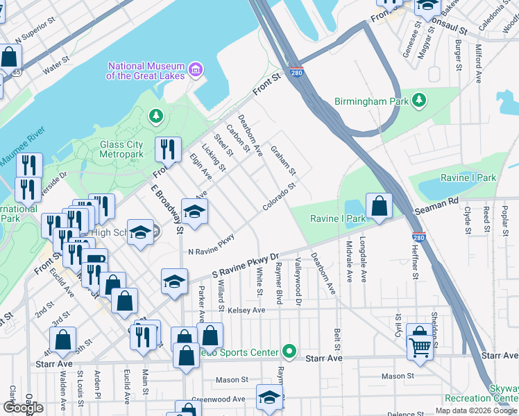 map of restaurants, bars, coffee shops, grocery stores, and more near 277 Licking Street in Toledo