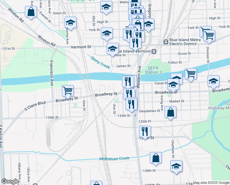 map of restaurants, bars, coffee shops, grocery stores, and more near 2524 Ann Street in Blue Island