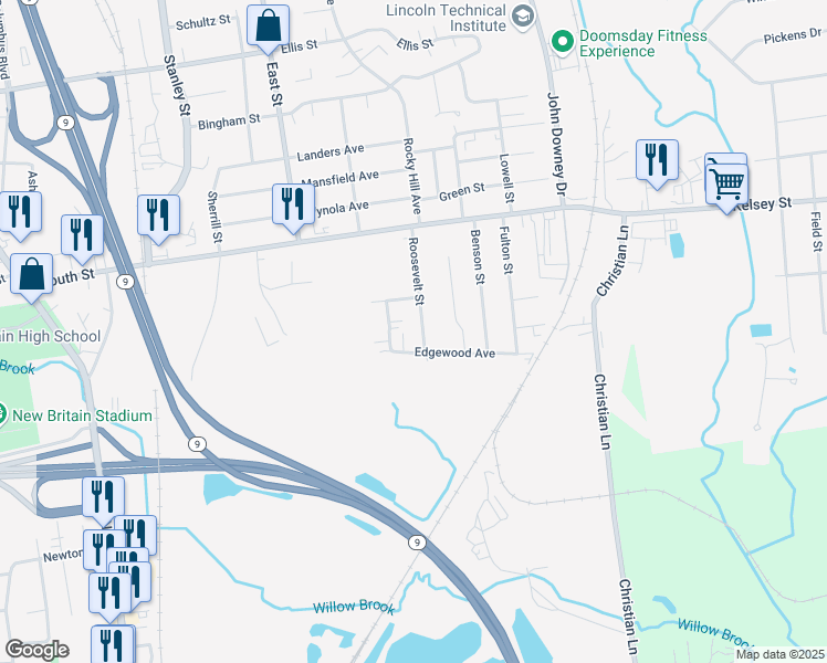 map of restaurants, bars, coffee shops, grocery stores, and more near 115 Roosevelt Street in New Britain