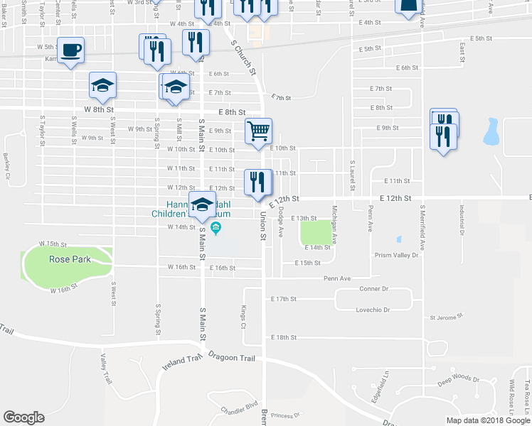 map of restaurants, bars, coffee shops, grocery stores, and more near 1126 Union Street in Mishawaka