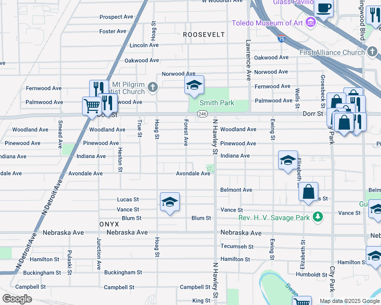 map of restaurants, bars, coffee shops, grocery stores, and more near 1056 Indiana Avenue in Toledo
