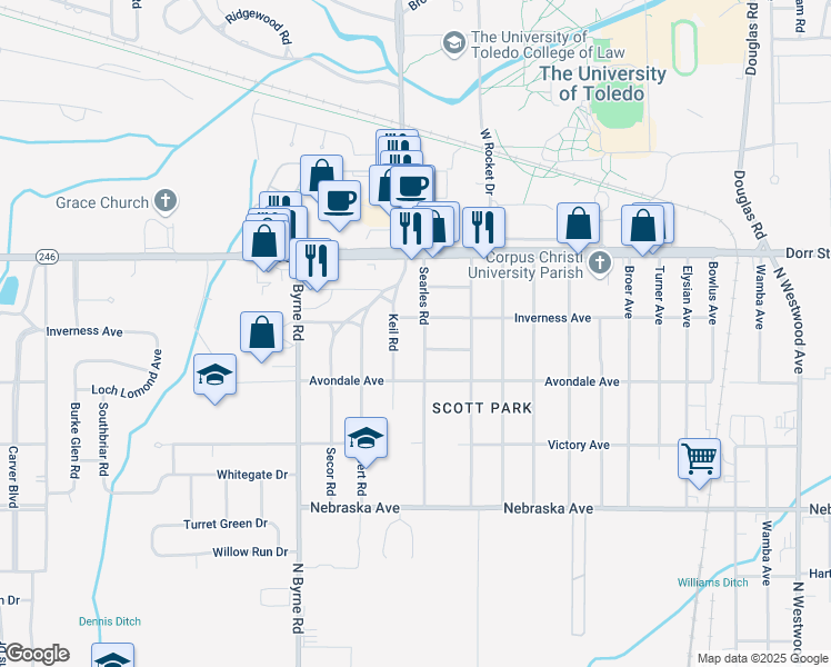map of restaurants, bars, coffee shops, grocery stores, and more near 1010 Keil Road in Toledo
