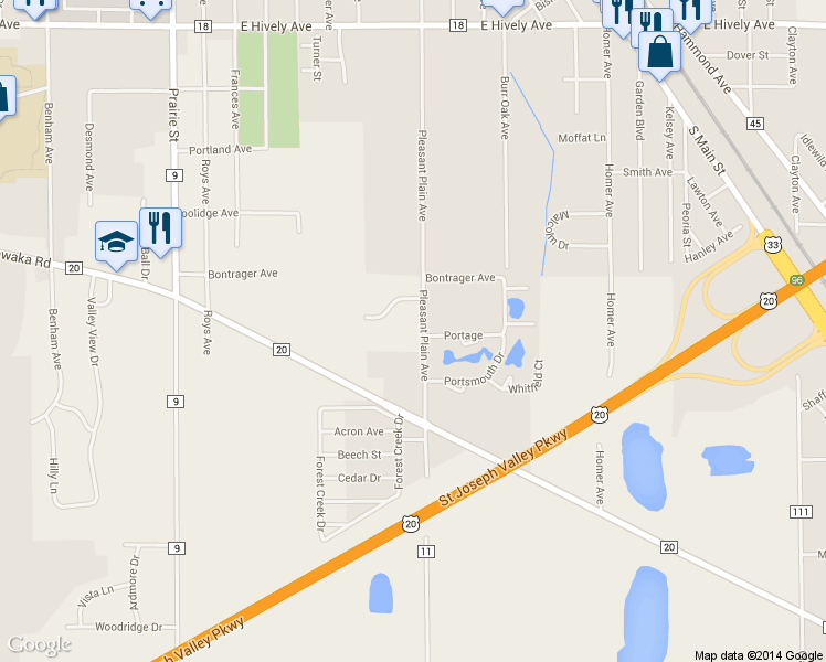 map of restaurants, bars, coffee shops, grocery stores, and more near 3401 Pleasant Plain Avenue in Elkhart