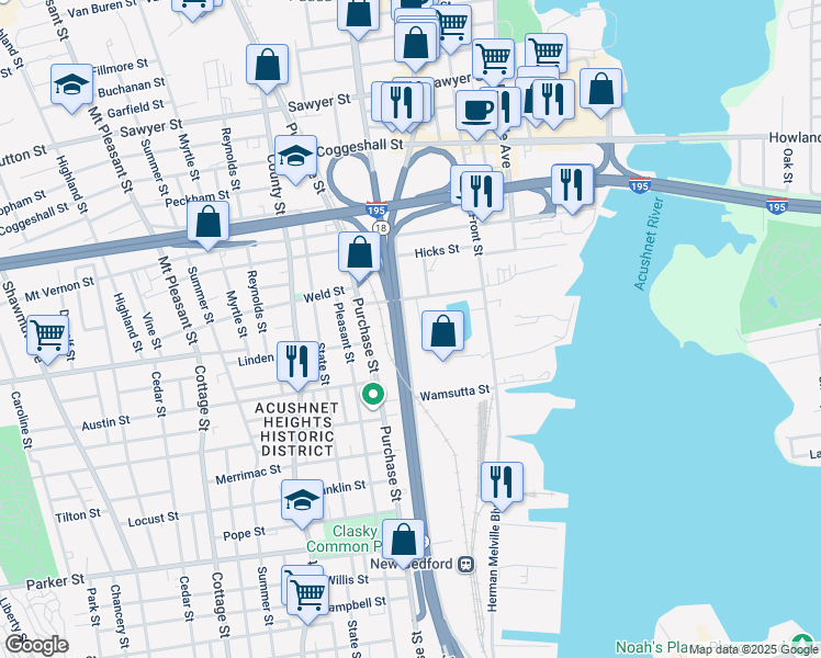 map of restaurants, bars, coffee shops, grocery stores, and more near 810 Acushnet Avenue in New Bedford