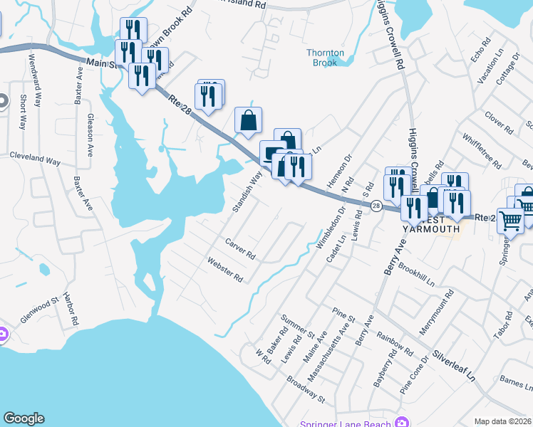 map of restaurants, bars, coffee shops, grocery stores, and more near 51 Bradford Road in Yarmouth