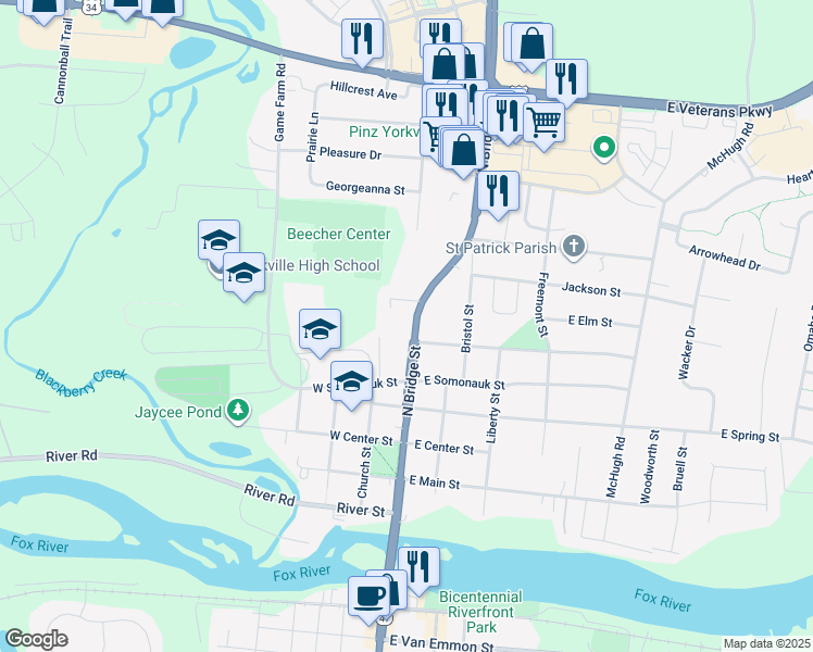 map of restaurants, bars, coffee shops, grocery stores, and more near 701 Illinois 47 in Yorkville