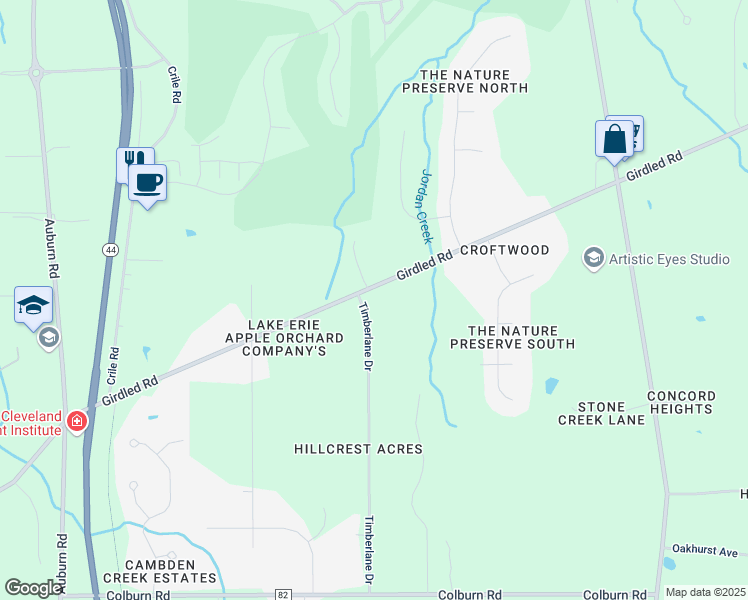 map of restaurants, bars, coffee shops, grocery stores, and more near 11406 County Highway 202 in Painesville