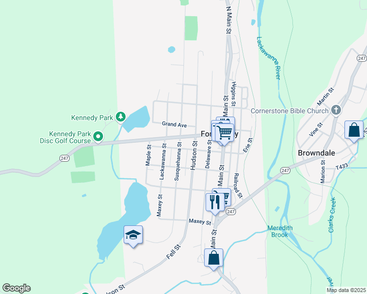 map of restaurants, bars, coffee shops, grocery stores, and more near 600 Susquehanna Street in Forest City