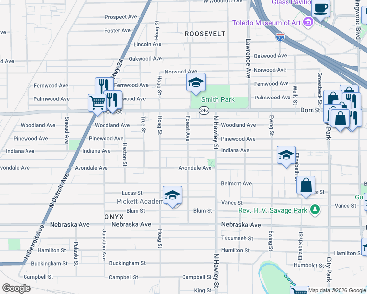 map of restaurants, bars, coffee shops, grocery stores, and more near 1056 Indiana Avenue in Toledo