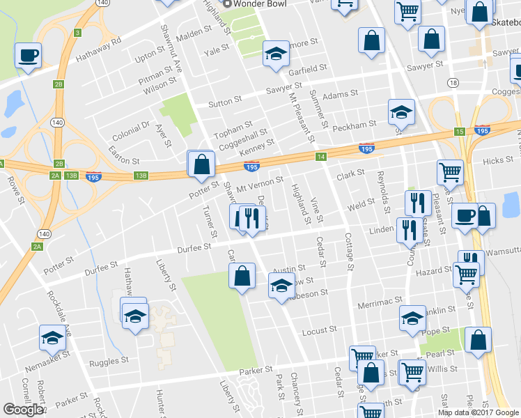 map of restaurants, bars, coffee shops, grocery stores, and more near 45 Dewolf Street in New Bedford