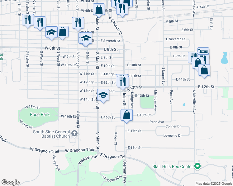 map of restaurants, bars, coffee shops, grocery stores, and more near 307 East 13th Street in Mishawaka