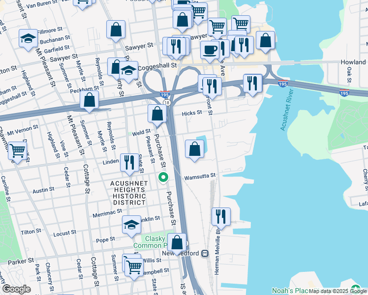 map of restaurants, bars, coffee shops, grocery stores, and more near 810 Acushnet Avenue in New Bedford
