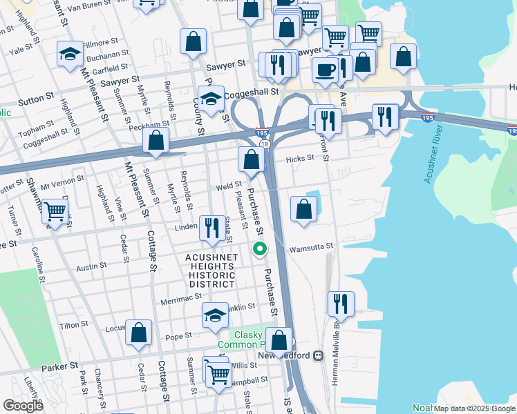 map of restaurants, bars, coffee shops, grocery stores, and more near 1812 Purchase Street in New Bedford