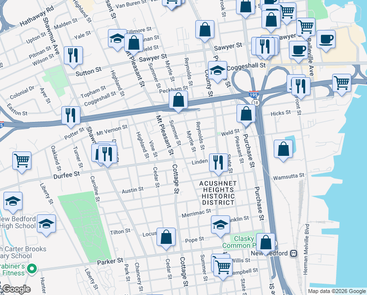 map of restaurants, bars, coffee shops, grocery stores, and more near 446 Summer Street in New Bedford