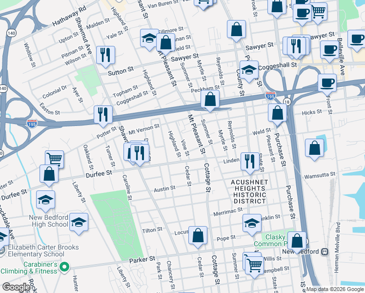 map of restaurants, bars, coffee shops, grocery stores, and more near 28 Highland Street in New Bedford
