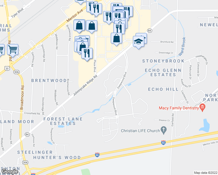 map of restaurants, bars, coffee shops, grocery stores, and more near 8100 Deepwood Boulevard in Mentor