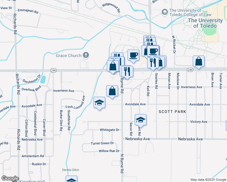 map of restaurants, bars, coffee shops, grocery stores, and more near 1011 North Byrne Road in Toledo