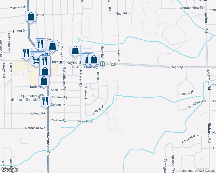 map of restaurants, bars, coffee shops, grocery stores, and more near 4740 Shinnecock Hill in Toledo