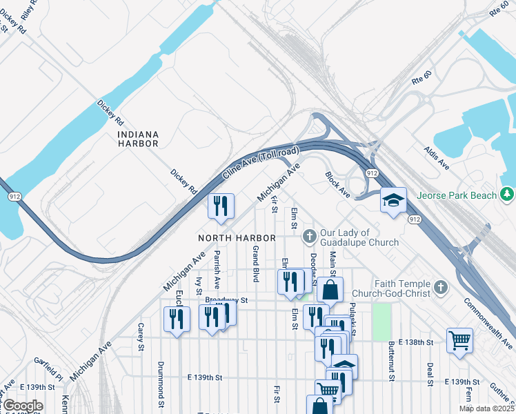 map of restaurants, bars, coffee shops, grocery stores, and more near 3437 Michigan Ave in East Chicago