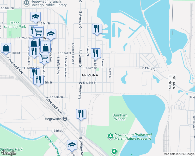 map of restaurants, bars, coffee shops, grocery stores, and more near 13447 South Avenue M in Chicago