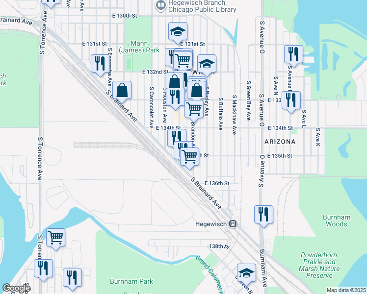 map of restaurants, bars, coffee shops, grocery stores, and more near 13444 South Baltimore Avenue in Chicago