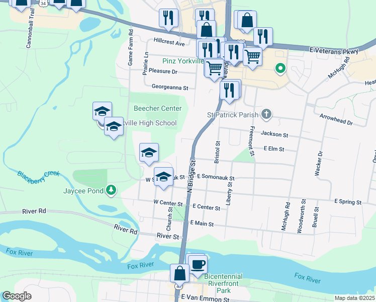 map of restaurants, bars, coffee shops, grocery stores, and more near 701 Illinois 47 in Yorkville
